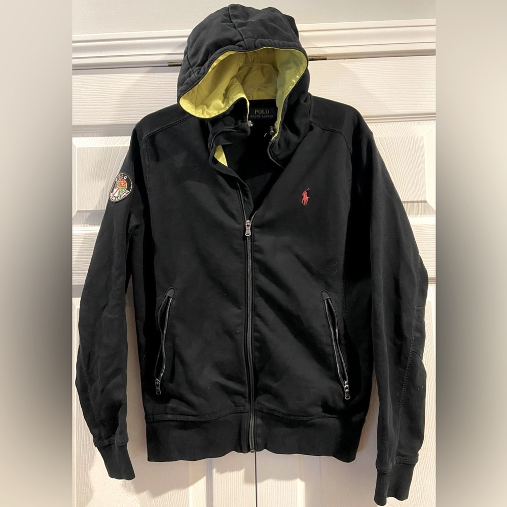 Polo Ralph Lauren Jacket Mens S Black Hooded Cookie Patch Red Pony Full Zip